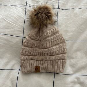 Cozy Knit Pom-Pom Beanie - Tan